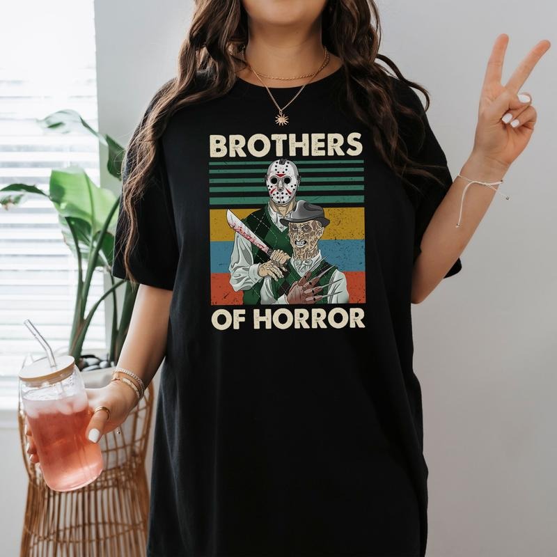 Vintage Horror Movie Characters T Shirt Brothers Of Horror Tshirt, Jason Voorhees Freddy Krueger T-Shirt, Halloween Gifts...