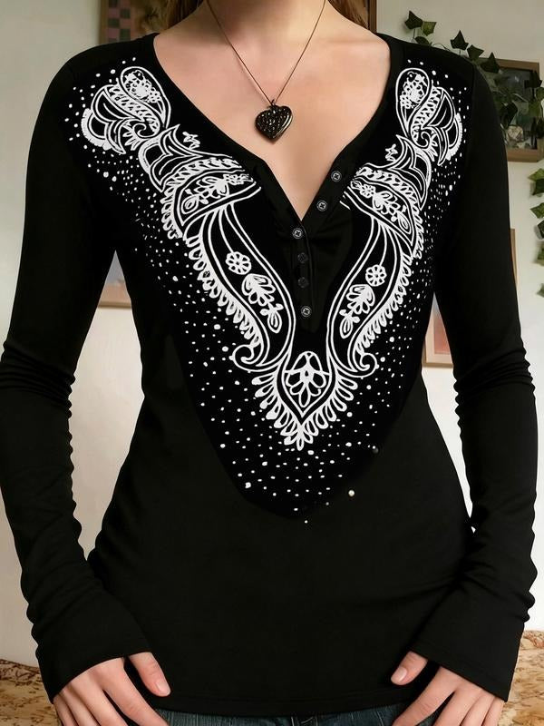 Vintage Print V-Neck Long Sleeve T-Shirt with Button Grunge Fall Winter Y2K Dark Fashion Women's Top