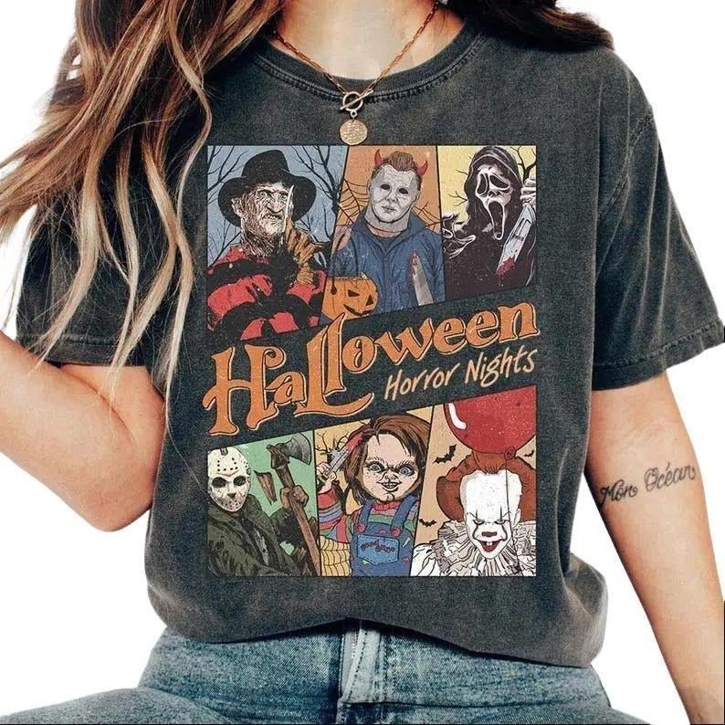 Vintage Retro Horror Characters Halloween Shirt, Halloween Horror Movie Funny Nights 2025, Halloween Friends Group...