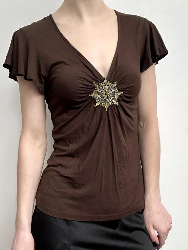 Vintage Rhinestone V-Neck T-Shirt, Pleated Hem Y2K Short Sleeve, Spring Summer Grunge Women's Top, Fashionable Casual Wear