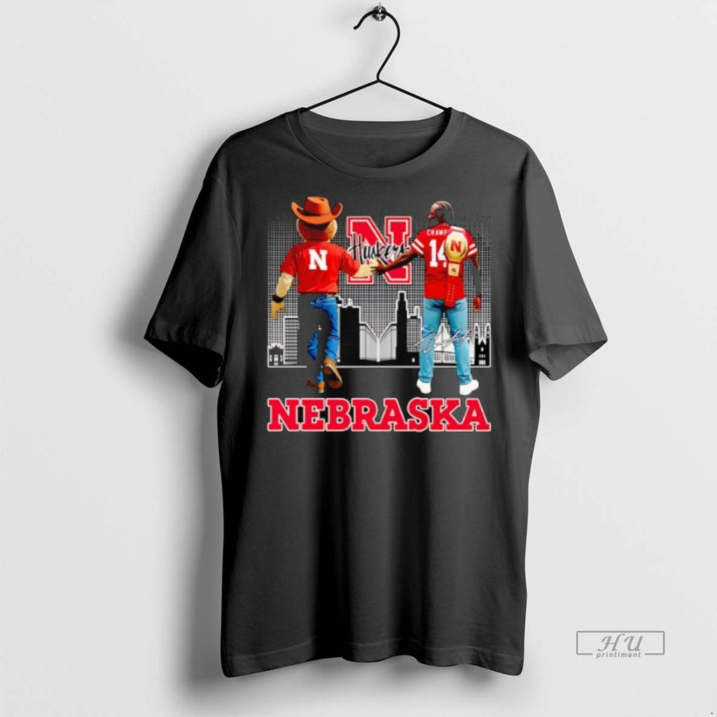 Viral Herbie Husker And Crawford Nebraska Cornhuskers City Skyline Signature Tee Shirt Sweater