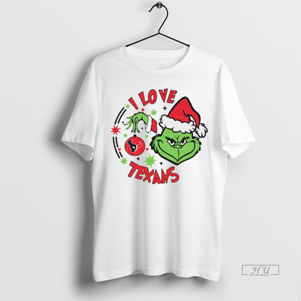 Viral Houston Texans X Santa Grinch I Love Texans Christmas White Tee Shirt Sweater