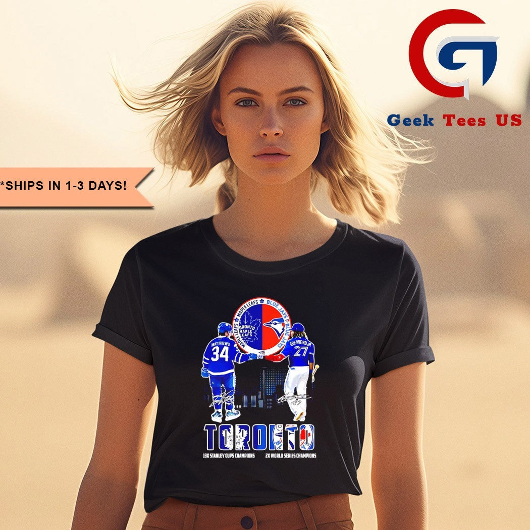 Vladimir Guerrero Jr. Toronto Blue Jays fist bump Auston Matthews Toronto Maple Leafs skyline signature shirt