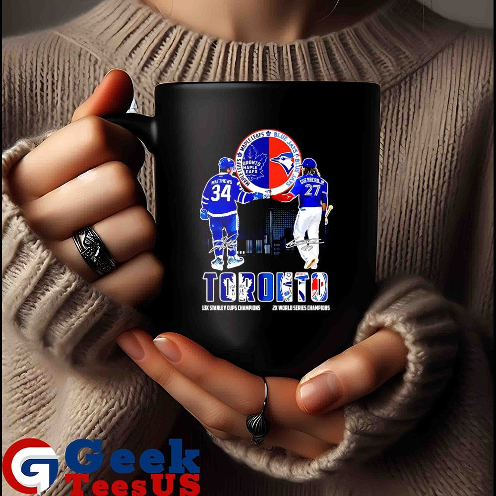 Vladimir Guerrero Jr. Toronto Blue Jays fist bump Auston Matthews Toronto Maple Leafs skyline signature shirt