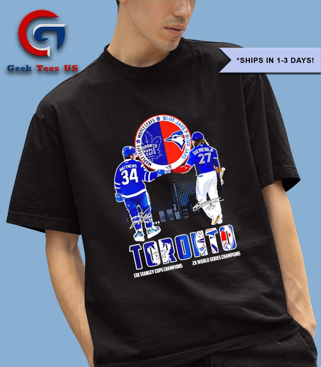 Vladimir Guerrero Jr. Toronto Blue Jays fist bump Auston Matthews Toronto Maple Leafs skyline signature shirt