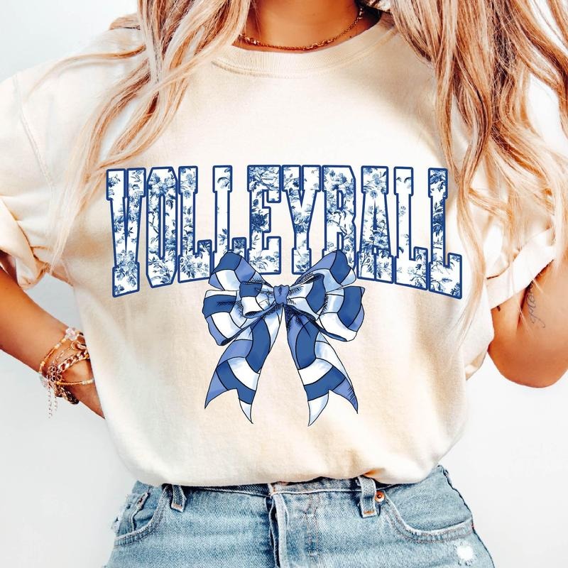 Volleyball Floral Toile Blue Water Color, Volleyball Coquette Bow T-Shirt, Varsity Volleyball, Volleyball Mama T-Shirt,...