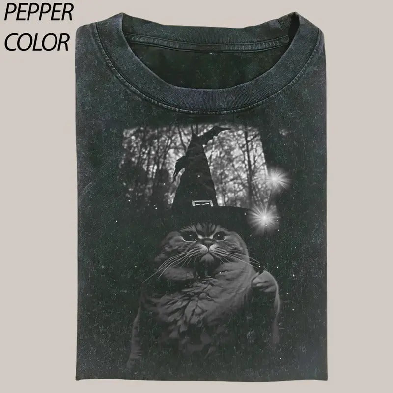 WIZARD CAT Vintage Tee, Cat T-Shirt, Meme Cringe Funny Dumb Shirts, graphic tees, meme shirts, Unisex Movie Shirt...