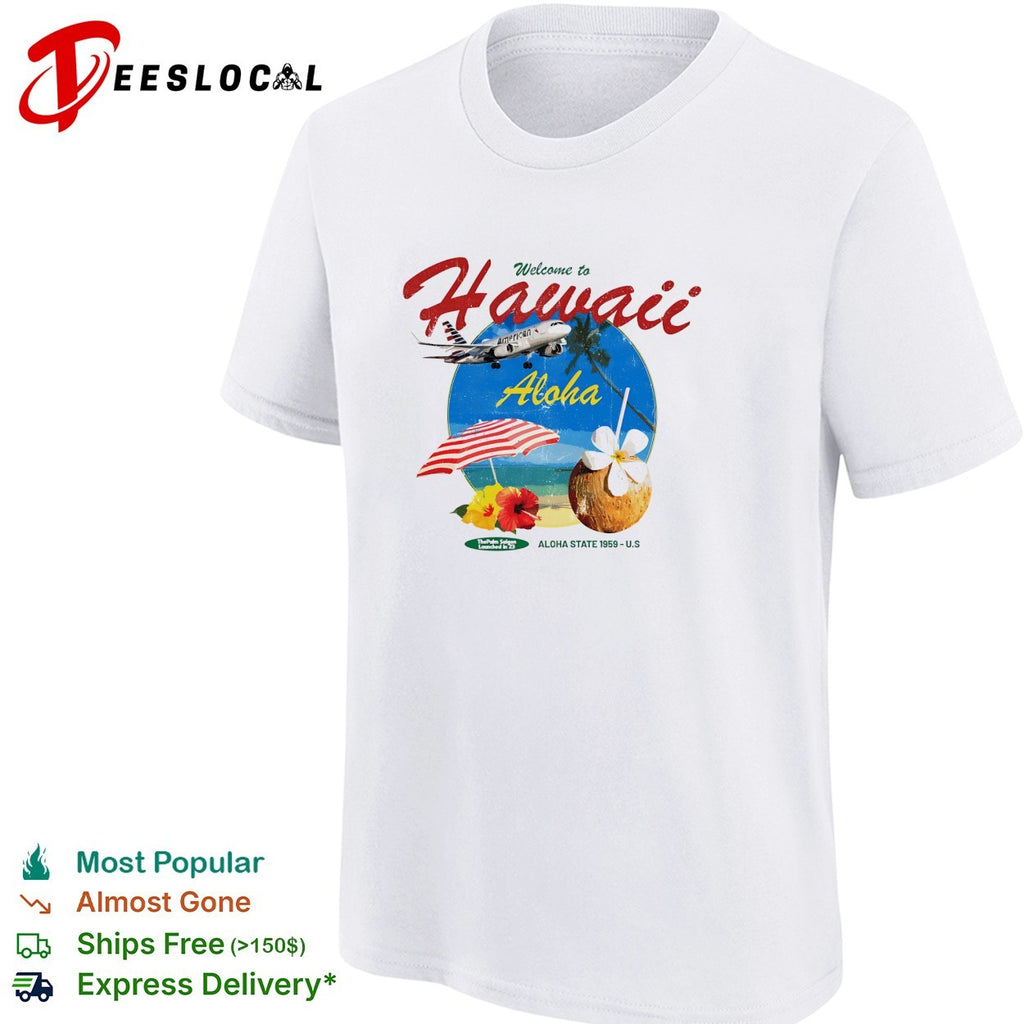 Welcome to Hawaii Aloha retro postcard with airplane palm trees and tropical drinks shirt