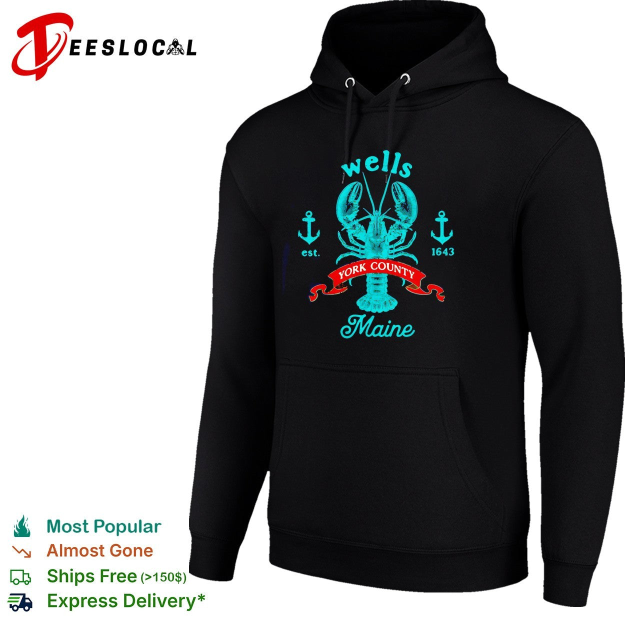 Wells York County Maine lobster crest with crossed anchors est 1643 emblem shirt