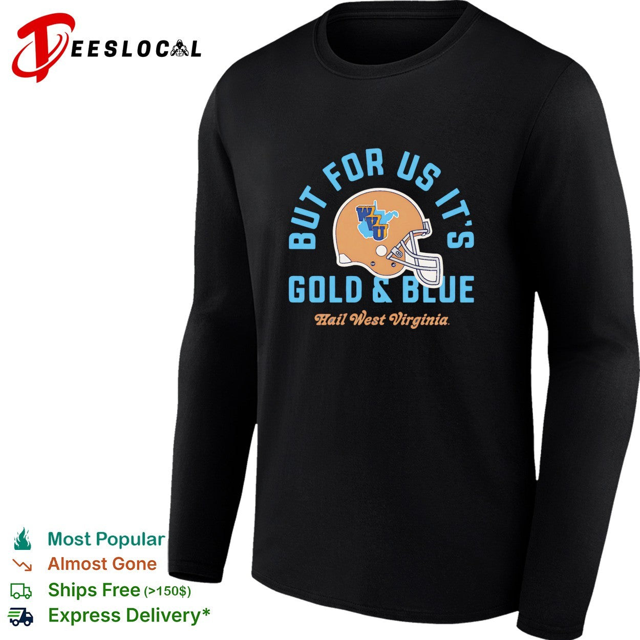 West Virginia Mountaineers gold and blue helmet hail West Virginia shirt