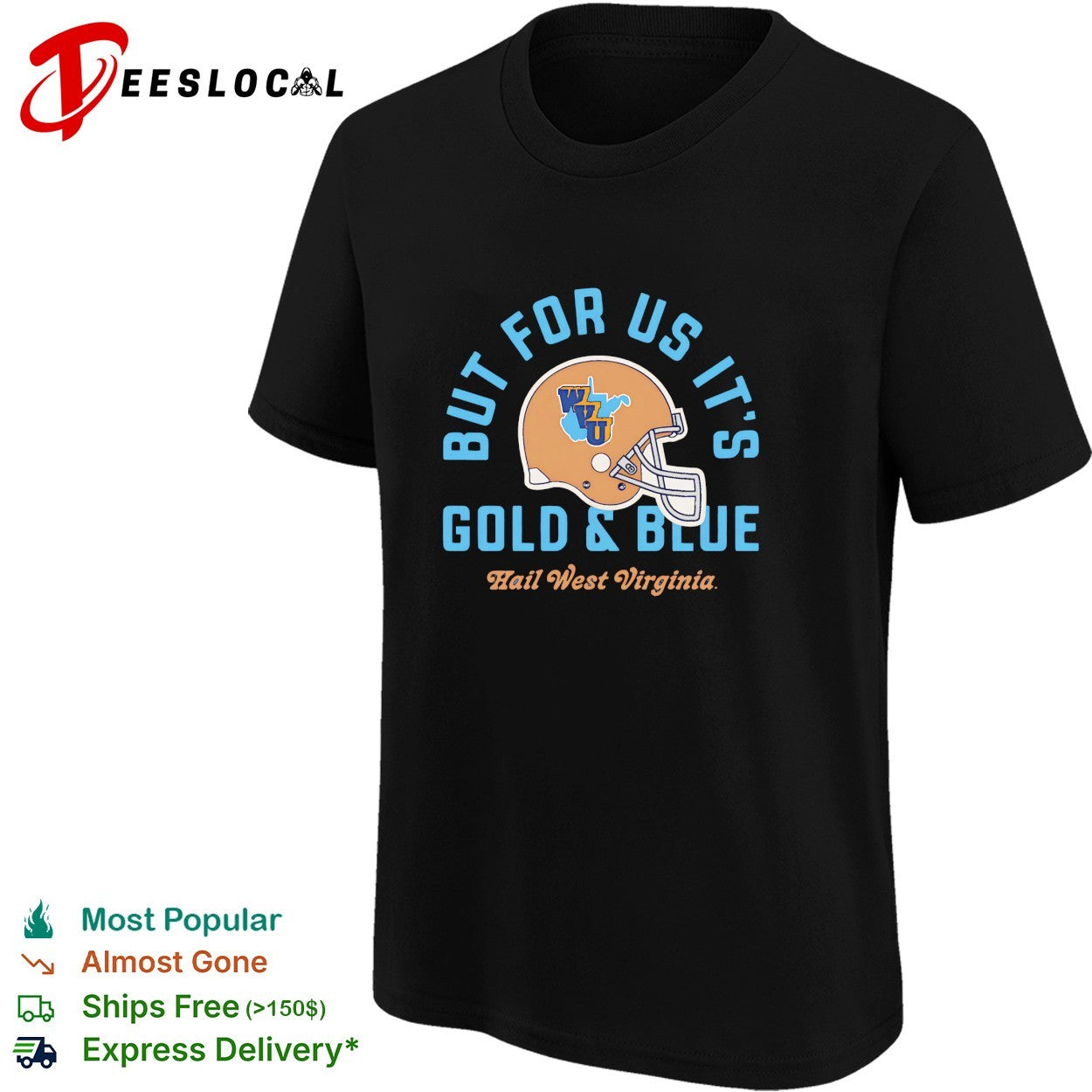 West Virginia Mountaineers gold and blue helmet hail West Virginia shirt