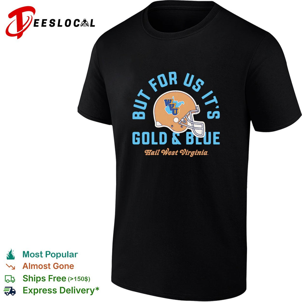 West Virginia Mountaineers gold and blue helmet hail West Virginia shirt