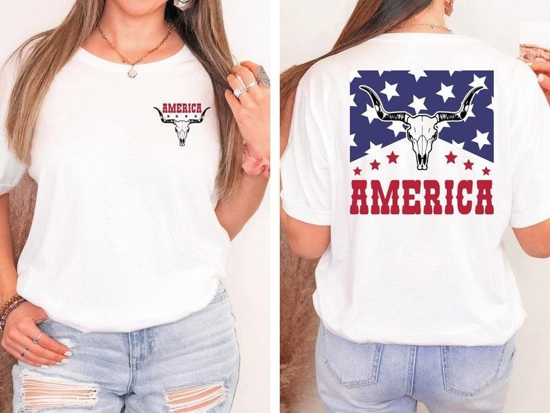 Western America Flag Shirt, Cowgirl Skull Shirt, Wild West Tshirt, Red White and Blue Tee, USA Flag Bull Skull Shirt, 4th...