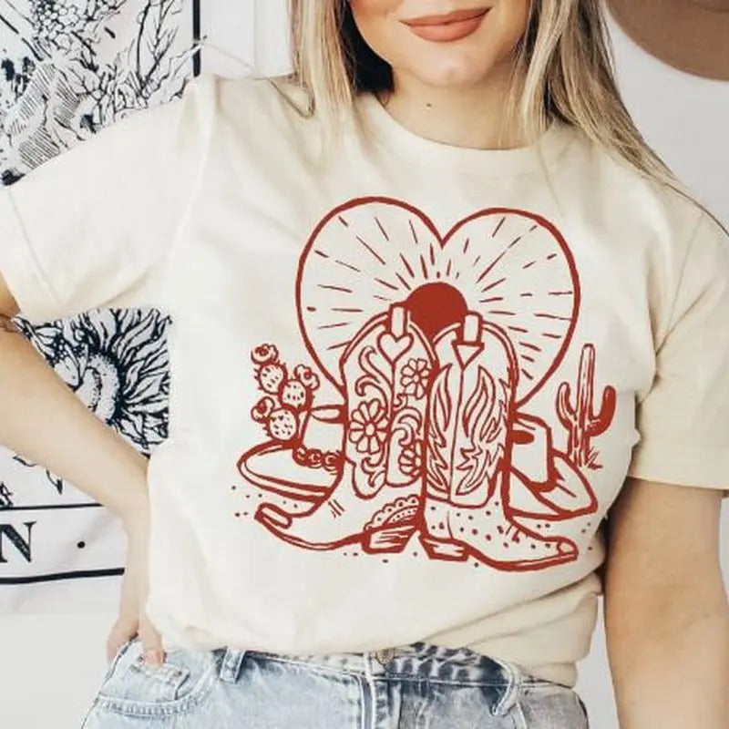 Western Graphic Tee Cowgirl T-Shirt Trendy Western Vintage Tee Rodeo Fashion Tee Boho Shirt Cowgirl Boots Shirt Rodeo Tee Cowgirl tshirt