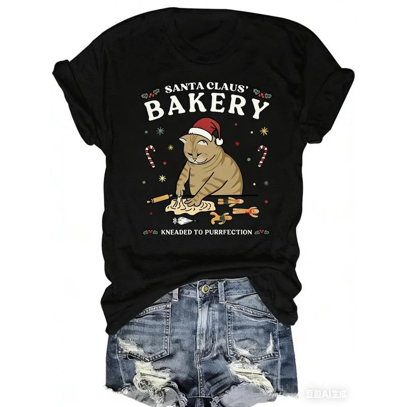 Whimsical Christmas Cat Bakery Print Tee - Soft Polyester Blend Crew Neck Shirt with Rayon and Spandex, Knit Fabric, Regular Length, Seasonal Holiday Pattern, Comfortable Casual Wear for Women, Perfect for Festive Occasions