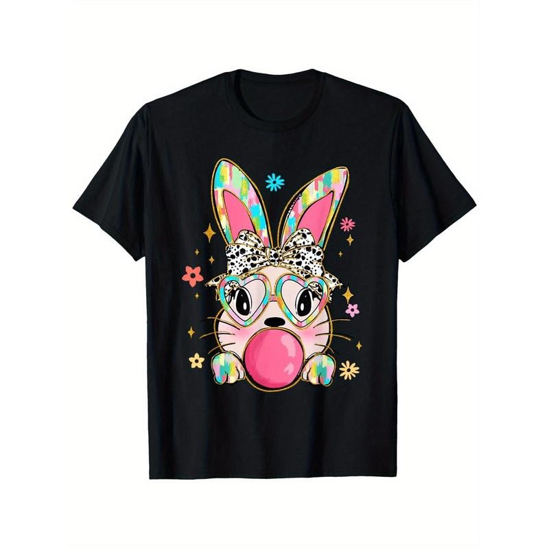 Whimsical Easter Bunny Bubble Gum Graphic T-Shirt - 100% Cotton, Unisex Casual Tee for Men & Women, Black with Vibrant Rabbit Design, Sizes S-XXXL, Perfect for Spring Outings & Casual Attire, Seasonal Graphic Tee | Casual Round Neck | Glossy Fabric Tee