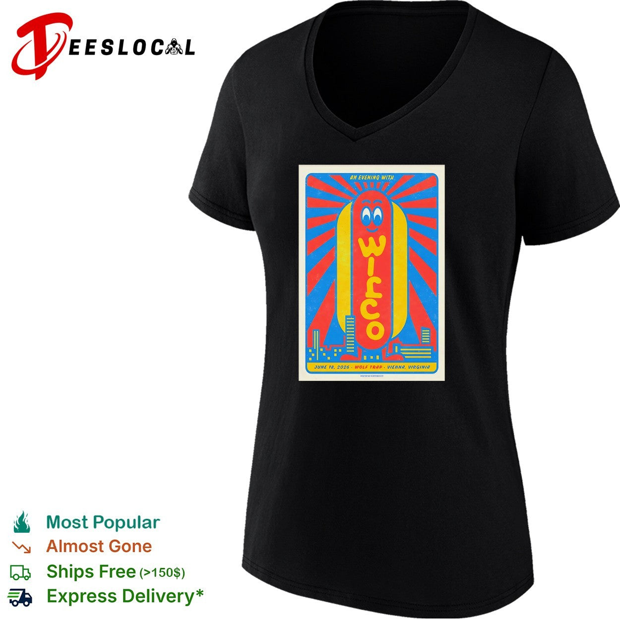 Wilco an evening with smiling hot dog character and sunburst rays poster shirt