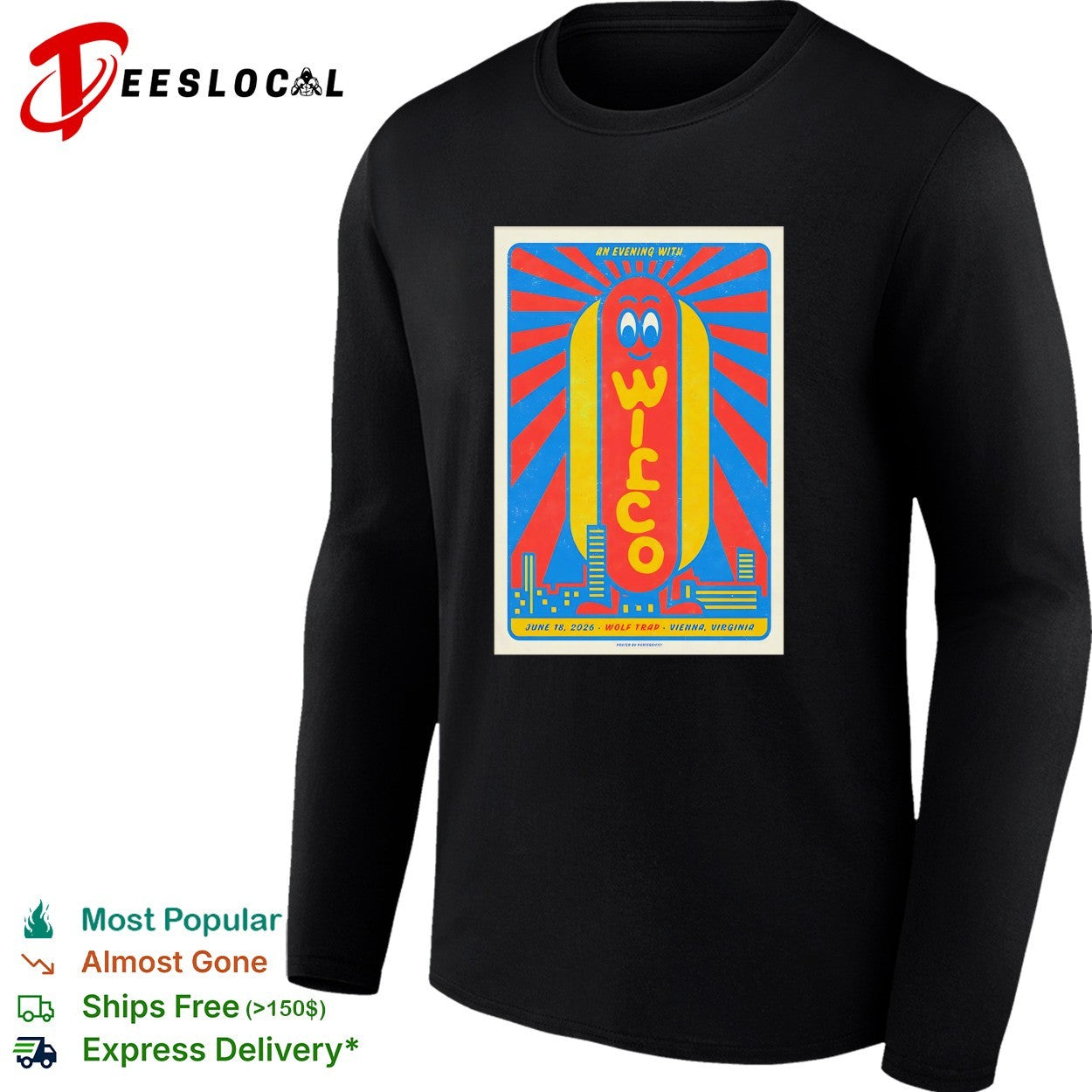 Wilco an evening with smiling hot dog character and sunburst rays poster shirt