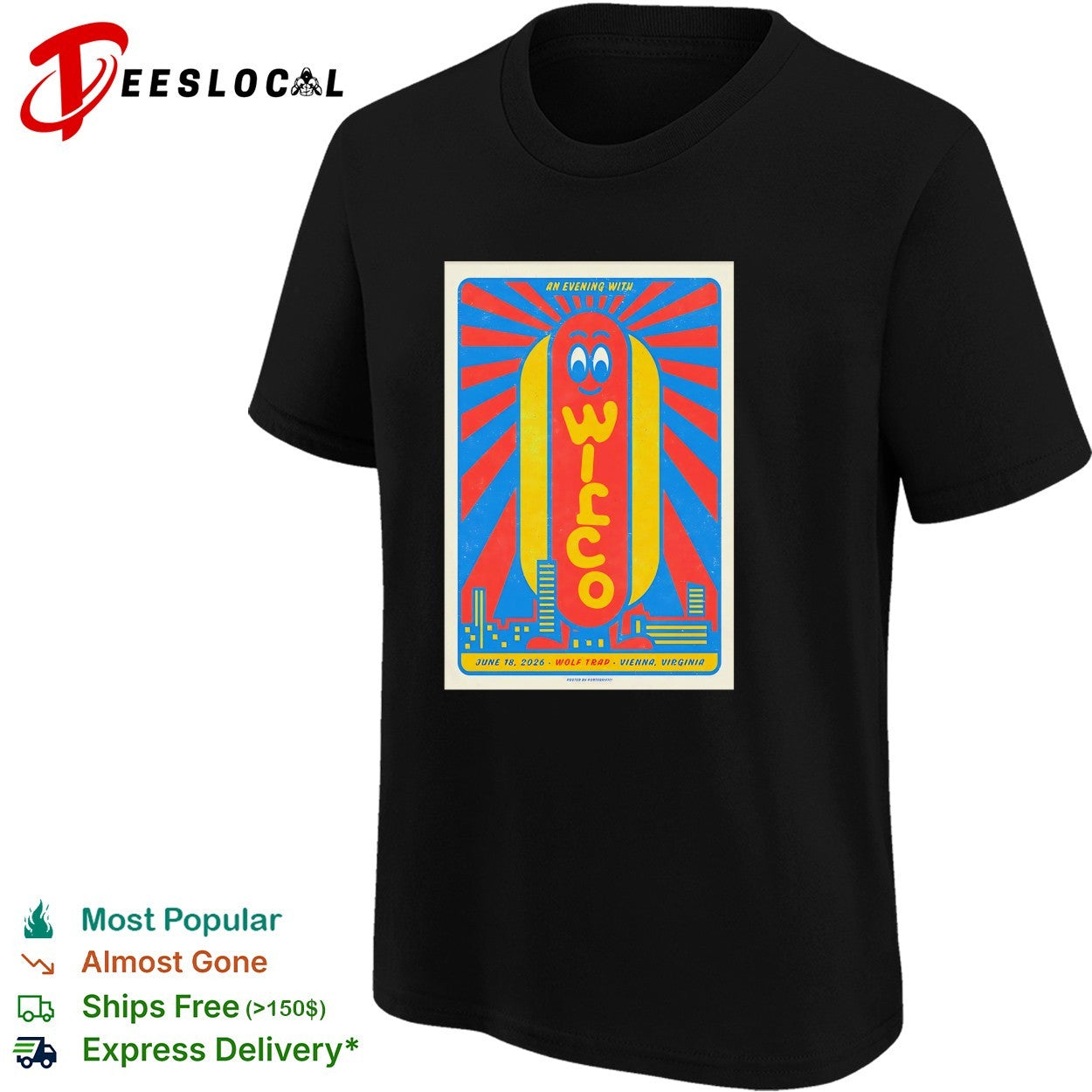 Wilco an evening with smiling hot dog character and sunburst rays poster shirt