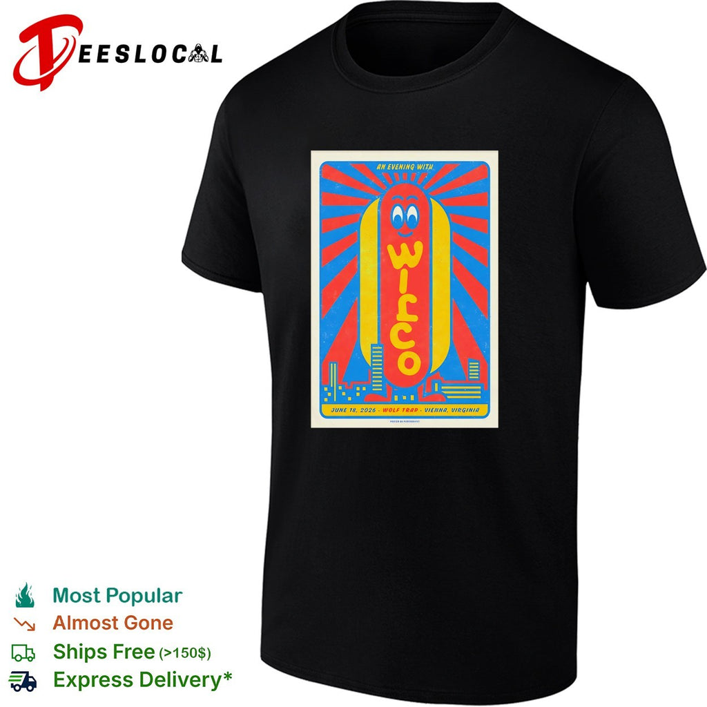 Wilco an evening with smiling hot dog character and sunburst rays poster shirt