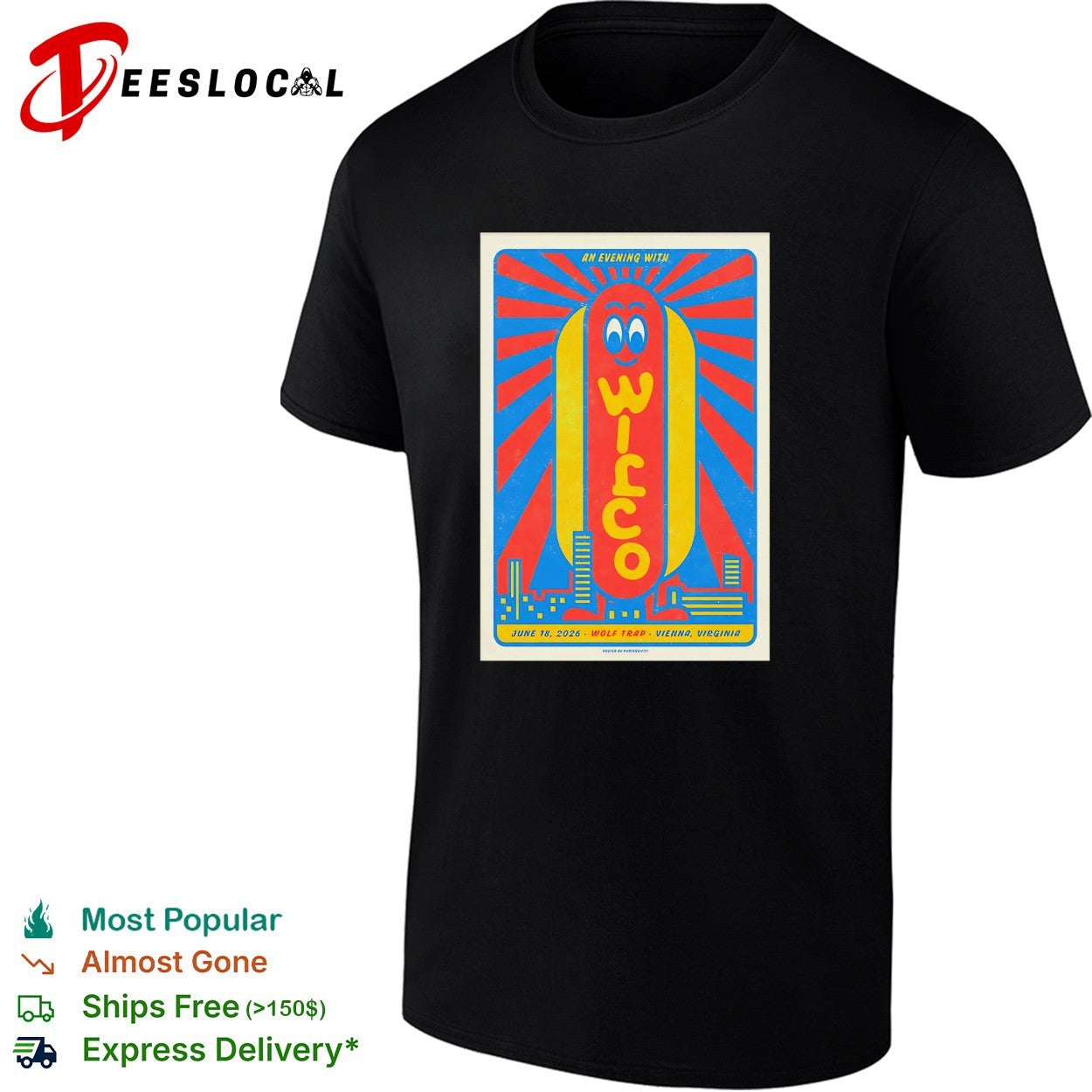Wilco an evening with smiling hot dog character and sunburst rays poster shirt