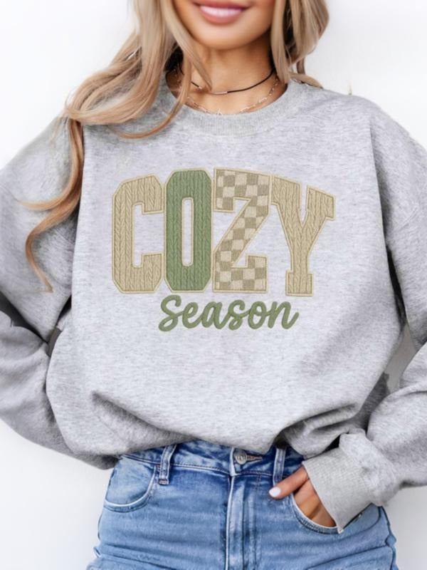 "Cozy Season" Retro Graphic Sweatshirt | Gray Oversized Pullover with Knit Texture Print | Trendy Fall/Winter Streetwear | Comfortable & Stylish
