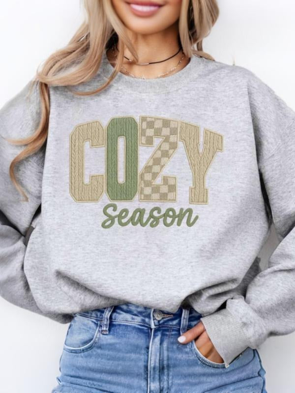 "Cozy Season" Retro Graphic Sweatshirt | Gray Oversized Pullover with Knit Texture Print | Trendy Fall/Winter Streetwear | Comfortable & Stylish