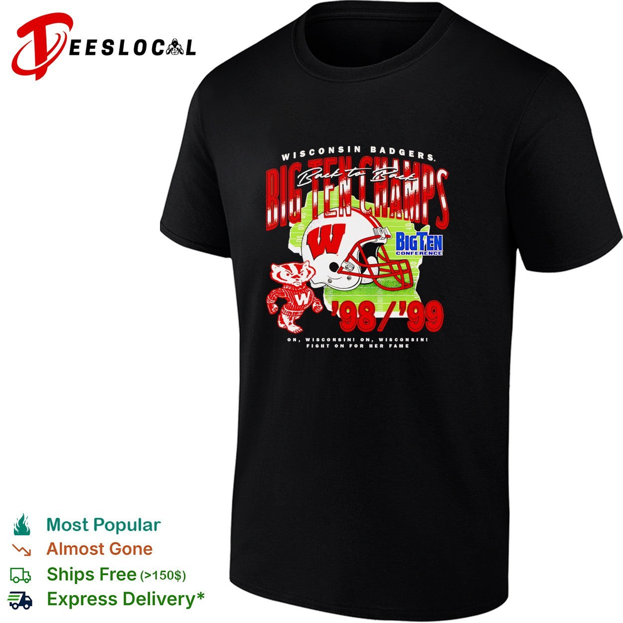Wisconsin Badgers Big Ten champs helmet Bucky Badger mascot 98 99 shirt
