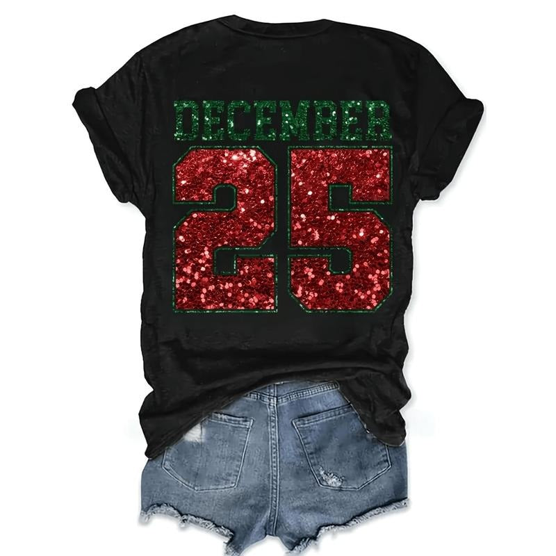 Women'S Christmas 25th Birthday T-Shirt - Red & Green Glitter Number 25 Print with Merry December 25 Design, Casual Round Neck Short Sleeve Top for Holiday Parties, Christmas Shirts, Festive Party Attire, Comfortable Fit Shirt, Seasonal Fashion