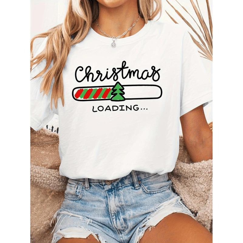 Women'S Funny Christmas "Loading..." Graphic T-Shirt - Tee with Red & Green Stripes, Lightweight Everyday Casual Top for Holiday Parties, Casual Attire - Spring/summer Women'S Clothing, Christmas T Shirt, Seasonal Fashion, Playful Design