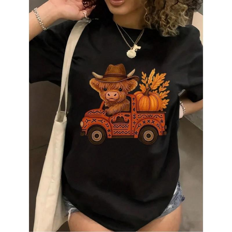 Women'S Halloween T-Shirt - Cute Highland Cow & Ghosts Graphic Tee With Pumpkin Lettering - Soft Breathable Shirt For Fall Costume Parties, Casual Everyday Halloween Outfits - Cute Cow Design Casual Top, Halloween Clothes, Seasonal Fashion