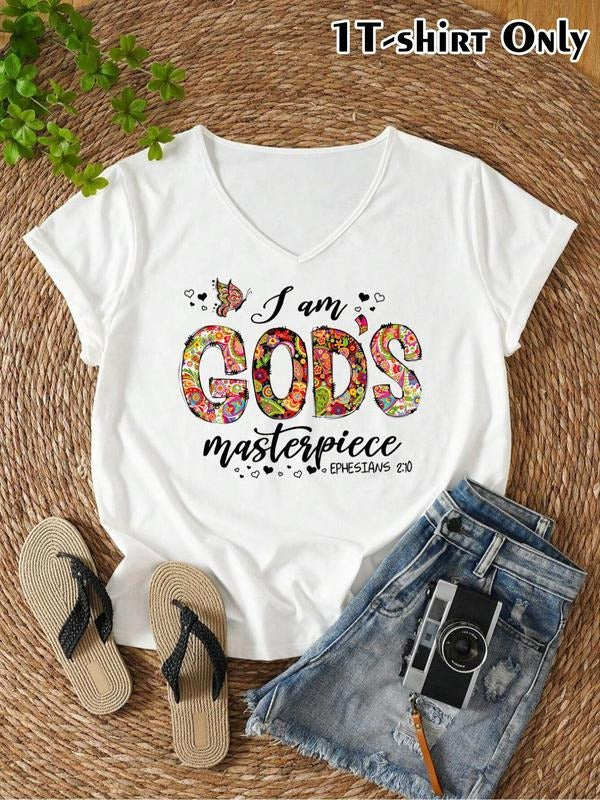Women's "I AM GOD'S MASTERPIECE" Letter Print V Neck Tee, Casual Short Sleeve T-shirt for Summer, Ladies Clothes for Daily Wear