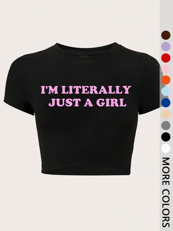 Women's "I'm Literally Just A Girl" Print Round Neck Crop Tee, Y2K Trendy Casual Short Sleeve T-shirt for Daily Wear, Ladies Summer Outfit