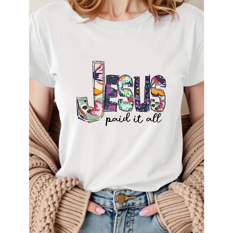 Women's "Jesus Paid It All" Graphic T-Shirt - Multicolor Short Sleeve, Round Neck, Lightweight Polyester, Ideal for Home, Outdoor, Party, Sports, Work, Vacation Wear