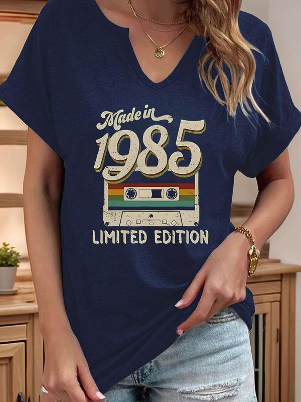 Women's "MADE in 1985" Limited Edition Print V Neck Tee, Casual Short Sleeve T-shirt for Summer, Ladies Clothes for Daily Wear, Top