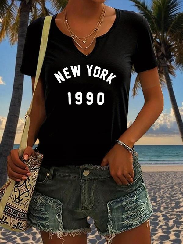 Women's "NEW YORK 1990" Print V Neck Tee, Casual Short Sleeve T-Shirt for Summer, Ladies Clothes for Daily Wear, Top