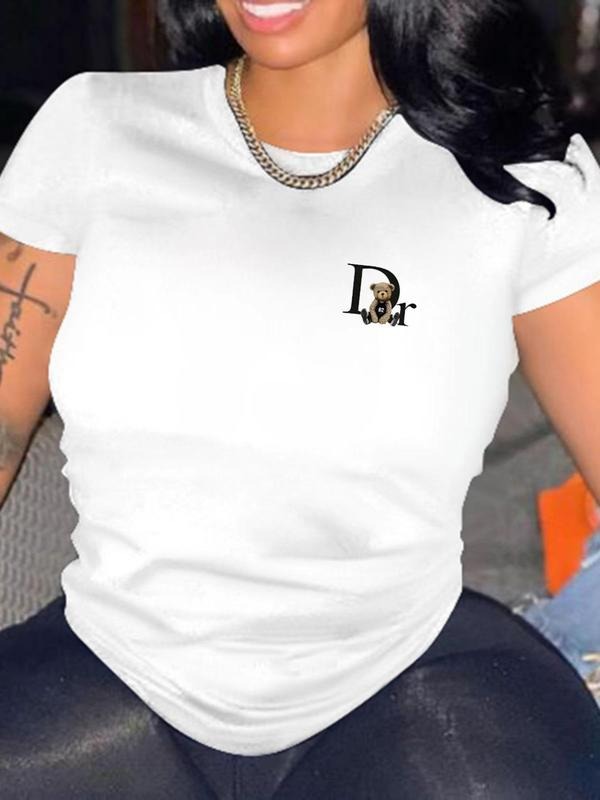 Women's Bear & Letter Print Round Neck Tee, Y2K Casual Short Sleeve Crew Neck T-Shirt for Summer, Women's Top for Daily Wear