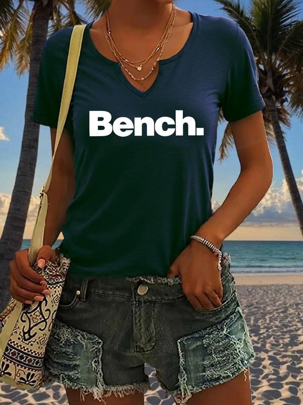 Women's Bench Letter Print V Neck Tee, Casual Short Sleeve T-Shirt for Summer, Ladies Clothes for Daily Wear, Top