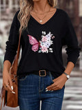 Women's Butterfly & Floral Print V Neck Tee, Casual Long Sleeve T-shirt, Fashion Ladies' Fall Top for Daily Wear