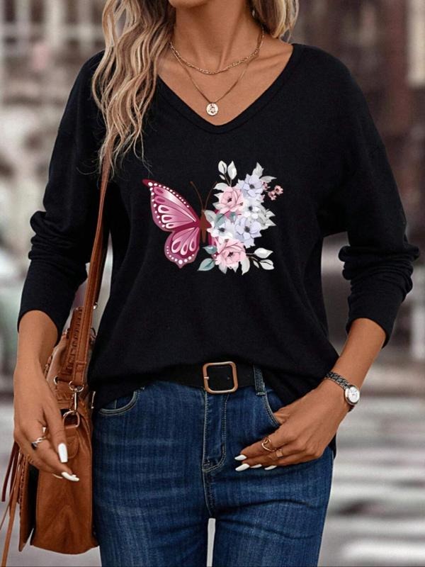 Women's Butterfly & Floral Print V Neck Tee, Casual Long Sleeve T-shirt, Fashion Ladies' Fall Top for Daily Wear