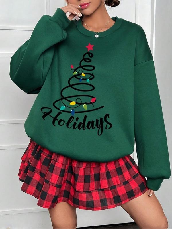 Women's Cartoon Tree Print Drop Shoulder Sweatshirt, Casual Long Sleeve Round Neck Pullover for Fall & Winter, Women's Clothes for Daily Vacation Party