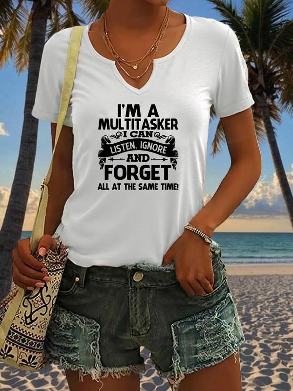 Women's Casual Graphic Print T-Shirt, Short Sleeve V Neck Summer Top, Fitted Moderate Fabric, Trendy Office Humor Design