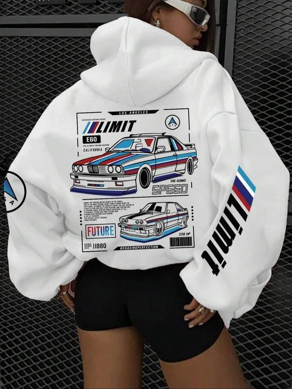 Women's Casual Hooded Zip Pocket Sweatshirt with Racing Print, Loose-Fitting Spring & Fall Jacket, Trendy and Comfortable Daily Wear