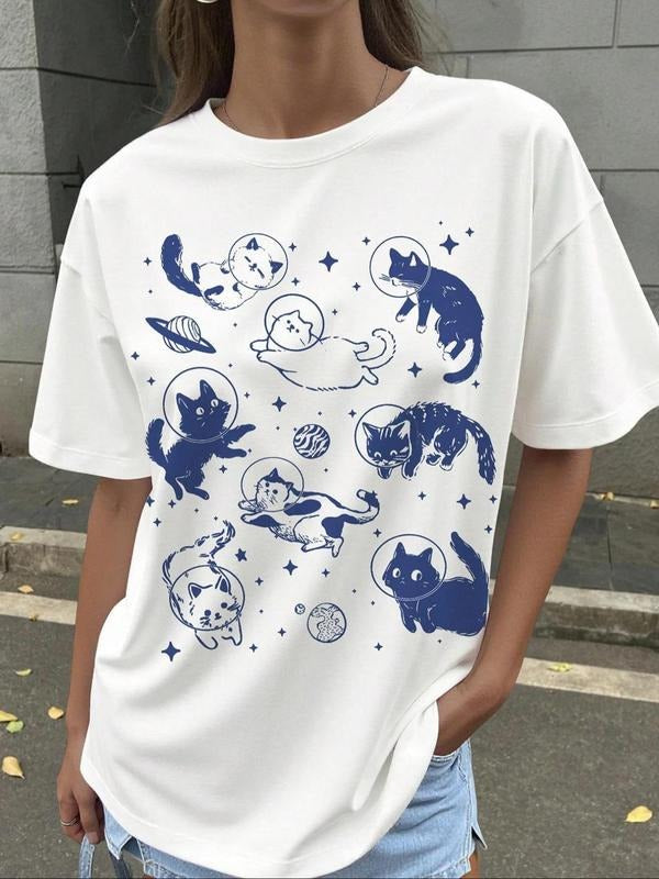 Women's Cat & Planet Print Round Neck Tee, Casual Y2K Style Short Sleeve T-shirt for Summer, Ladies Clothes for Daily Wear, Top