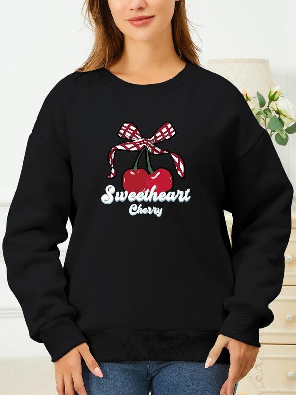 Women's Cherry & Bowknot Print Crew Neck Pullover, Casual Fashion Long Sleeve Sweatshirt for Daily Wear, Ladies Fall & Winter Clothes