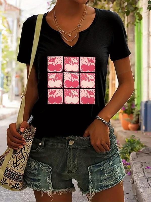 Women's Cherry Print V Neck Short Sleeve T-Shirt, Casual Summer Fashion Top, Fitted Style, Moderate Fabric Thickness