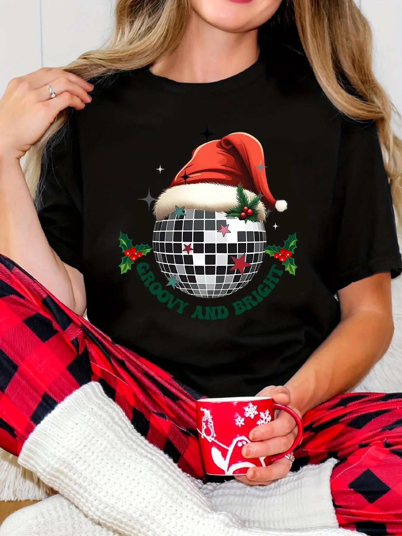 Women's Christmas Disco Ball Print Round Neck Tee, Casual Short Sleeve Crew Neck T-shirt for Summer, Fashion Women's Top for Daily Wear