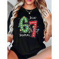 Women's Christmas Lights 67 Six Seven Printed Fashion T-Shirt Black Holiday Party Wear