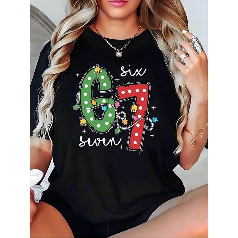 Women's Christmas Lights 67 Six Seven Printed Fashion T-Shirt Black Holiday Party Wear