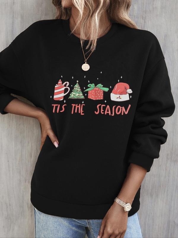 Women's Christmas Theme Graphic Print Drop Shoulder Round Neck Long Sleeve Sweatshirt Tops, Comfort Long-sleeve Crew Neck Pullover for Fall Winter Daily Party